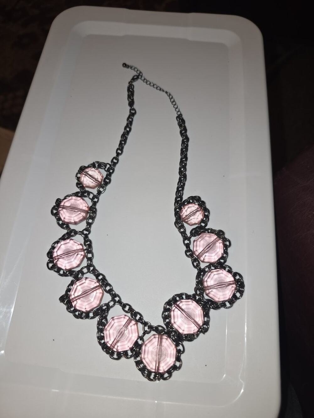 Vintage Pink Glass and Metal Chain Necklace